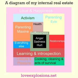 The title of the image is, "A diagram of my internal real estate."  There is a pink frame around a bunch of multi colored squares and rectangles.  The Pink frame is labeled, " Love & Happiness", The light blue square is labeled, "activism", the Yellow square is labeled, "parenting Evie, the Orange square is labeled, "parenting maxine, the mauve square is labeled health, the blue rectangle is labeled, "everything else", the red rectangle is labeled, "relationships" the maroon rectangle is labeled, "learning and introspection', the purple rectangle is labeled, "leisure and pleasure", the green rectangle is labeled, "cooking, cleaning and acts of surivival."  In the center there is a black square labeled "anger Sadness Hurt."  It is framed by a moss green colored frame labeled "selflessness".